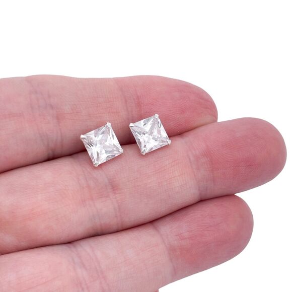 Vintage Sterling Silver 925 8mm Square Cubic Zirconia Stud Earrings - Picture 1 of 6